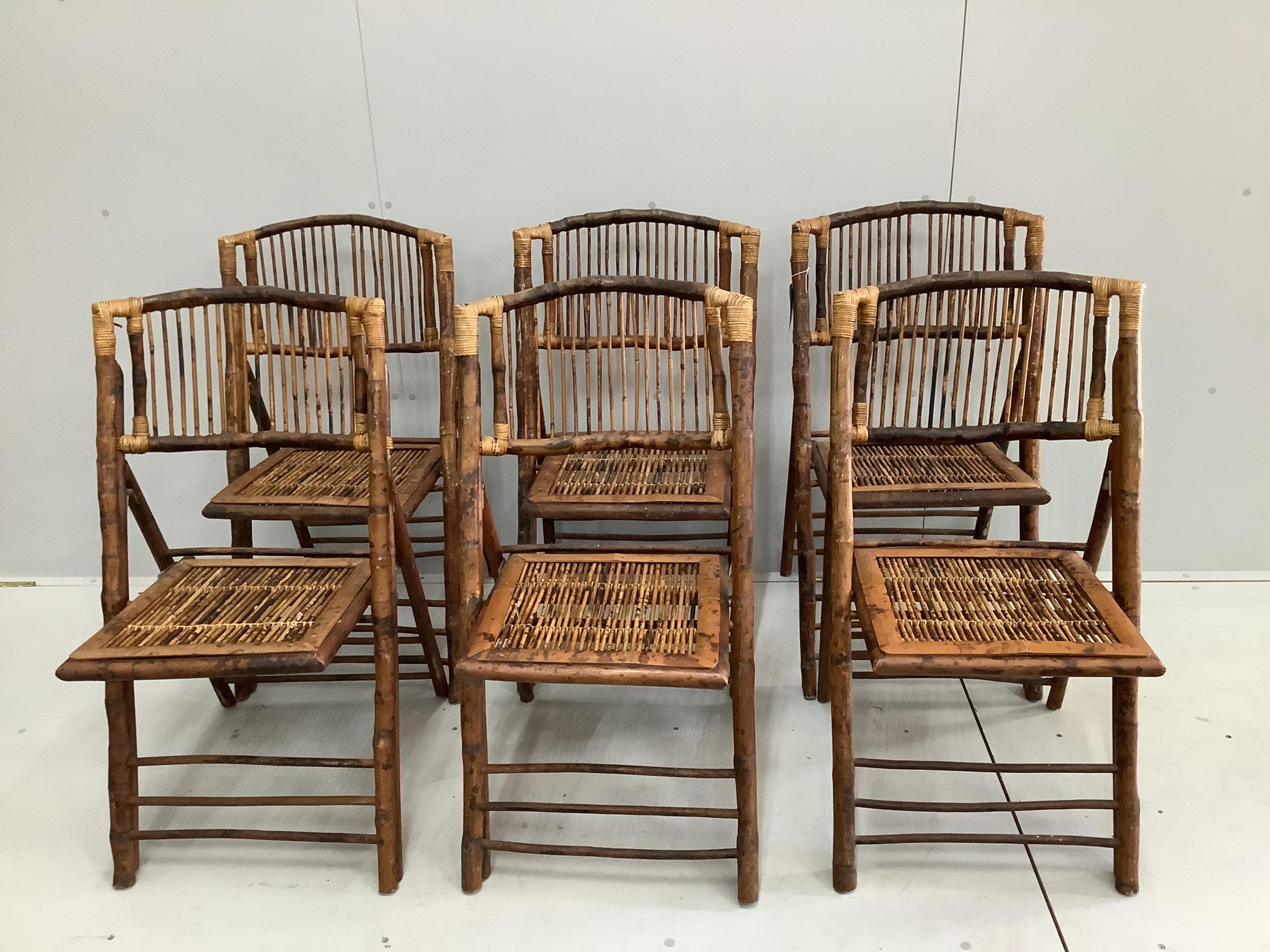 A set of six vintage folding bamboo dining chairs, width 47cm, depth 60cm, height 90cm. Condition - fair